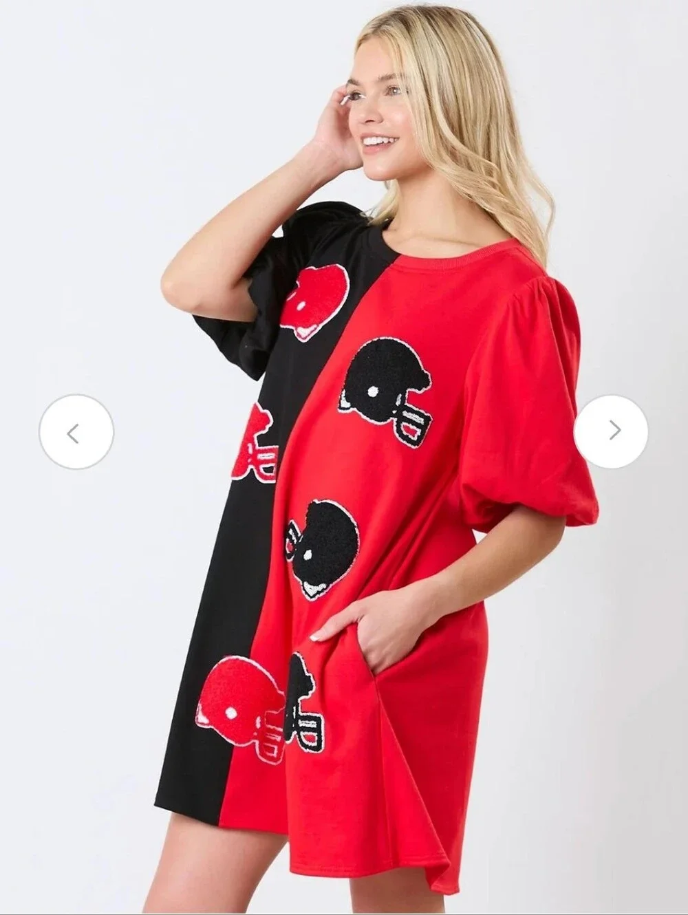 Peach Love Colorblock Red Black Puff Short Sleeve Football Helmet Mini Dress - Picture 2 of 11